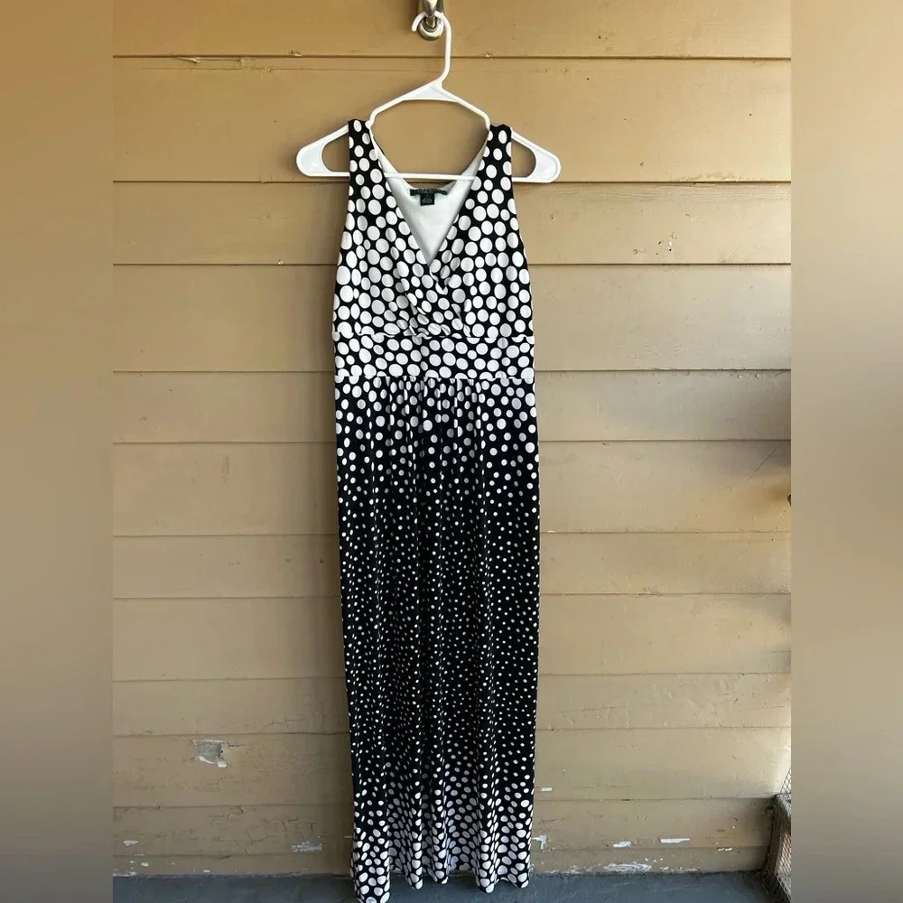 Lauren Ralph Lauren Maxi Dress Black and White Polka Dot Classic Preppy W Size 8 - Picture 1 of 5
